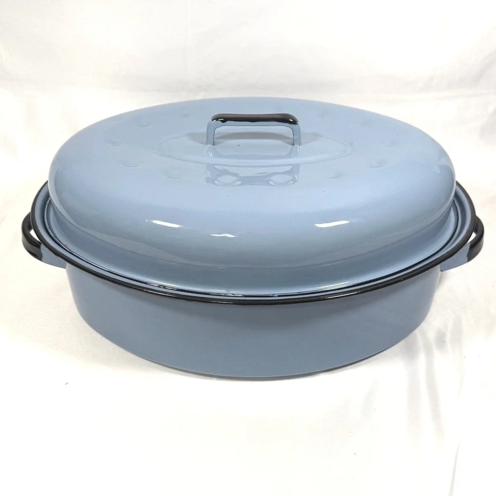 Vintage Enamelware Oval Roasting Pan with Lid Blue Farmhouse Large 16.5in Roastr